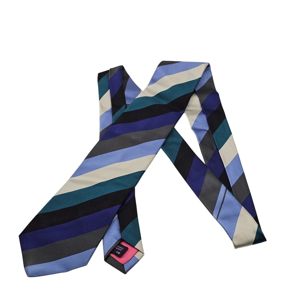 Ben Silver Silk Tie Blue Teal Grey Striped Preppy Ivy‎ League Handmade England